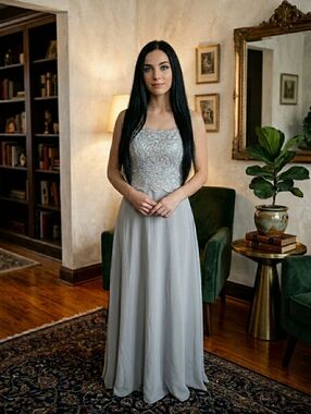 NWT Marina Silver/Grey Lace Chiffon Long Gown Size 6 | Elegant Wedding Guest